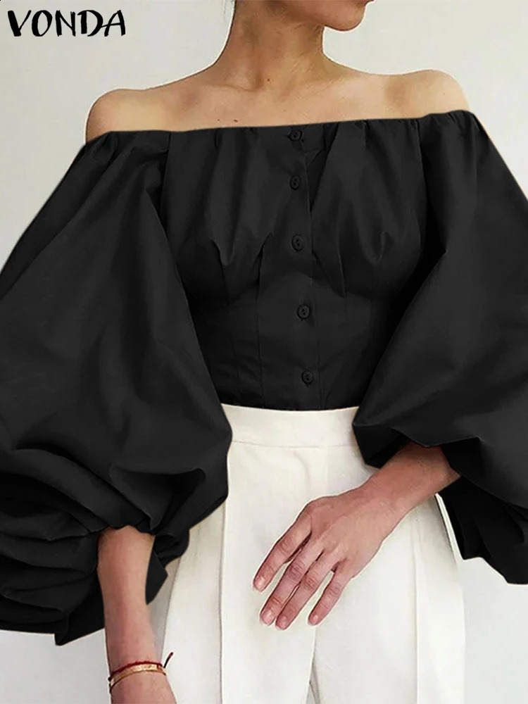 Plus Size Elegant Women Blouse VONDA Casual Lantern Long Sleeve Blouses Solid Off The Shoulder Shirts Fashion Commuting Tops 250210