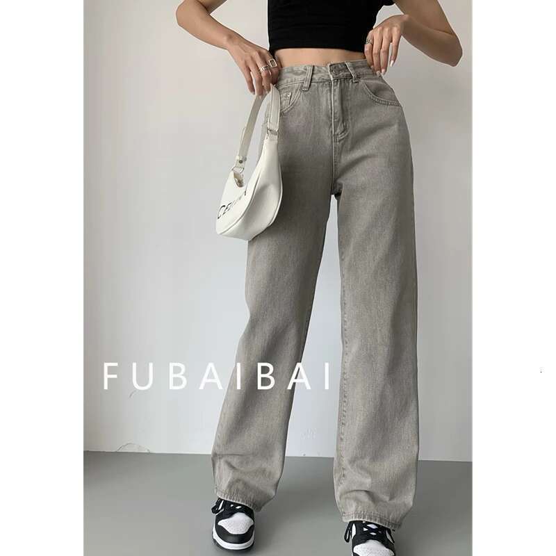 Grey Womens Jeans High Waist Vintage Straight Baggy Pants Streetwear American Style Fashion Casual Wide Leg Denim Trouser