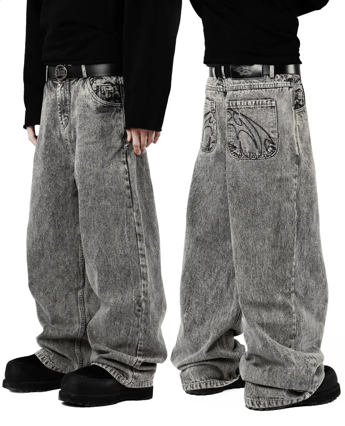 90s Retro Street Embroidery Jeans Male R B Solid Color Loose Straight Pants Female Y2K Harajuku Hip Hop Punk Style Mens Jeans 250210