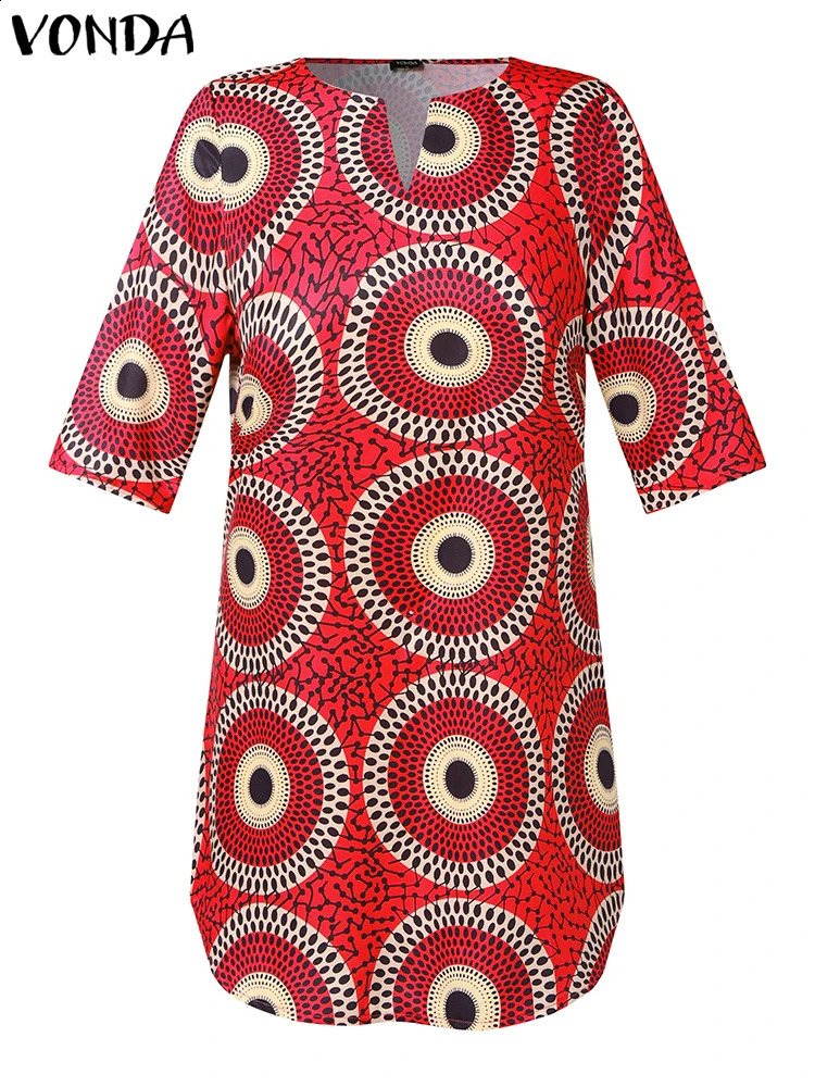 Plus Size 5XL VONDA Women Blouse V-Neck Vintage Printed Shirts Elegant 3/4 Sleeve Casual Loose Tops Oversized Blouses 250210