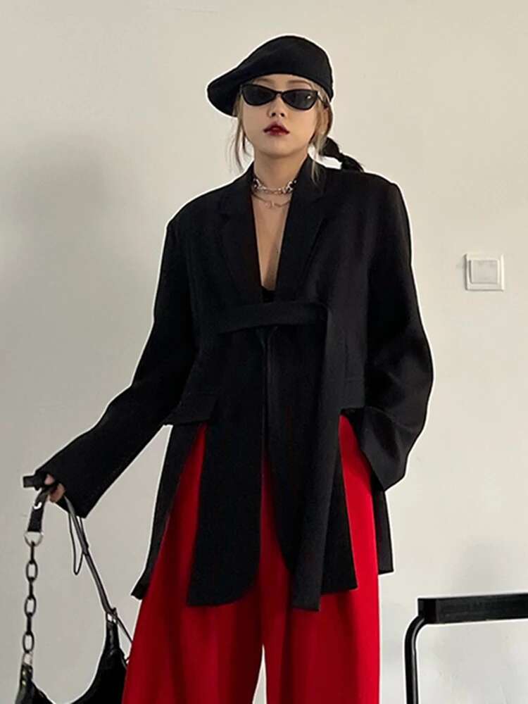 Black Belted Split Casual Blazer Women New Lapel Long Sleeve Loose Fit Jacket Fashion Tide Spring Autumn 2025 30A1768