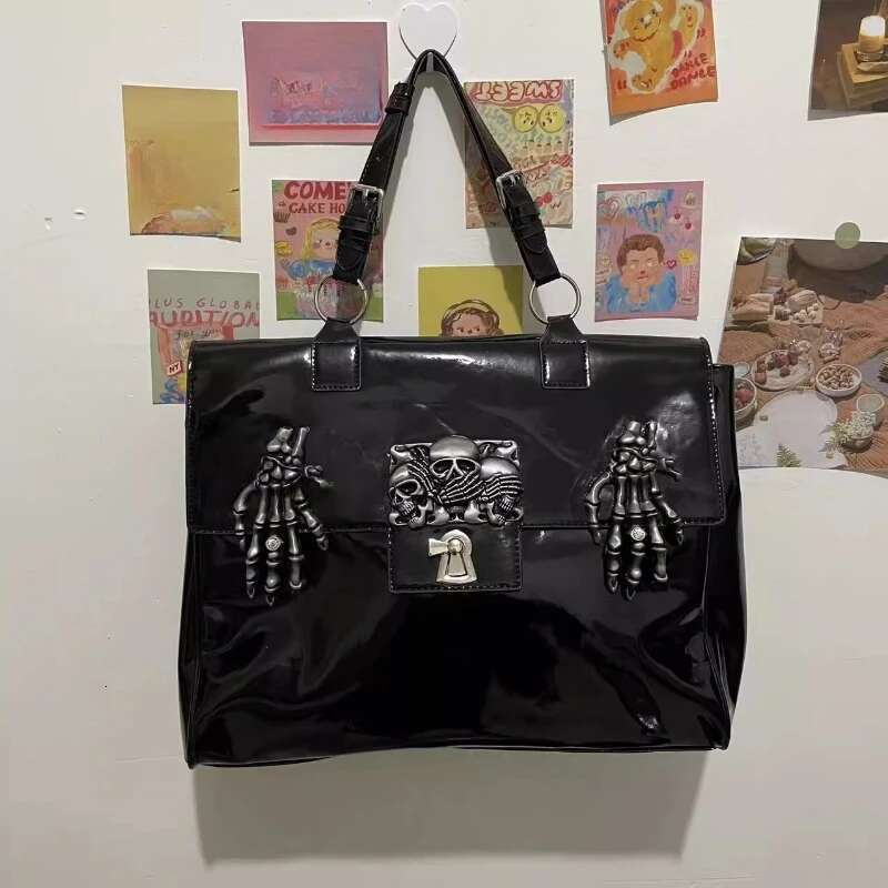 Patent Leather High-Capacity Grunge Shoulder Handbags Punk Streetwear Crossbody Bag Y2k Aesthetic Skull Messenger Bags Trendy