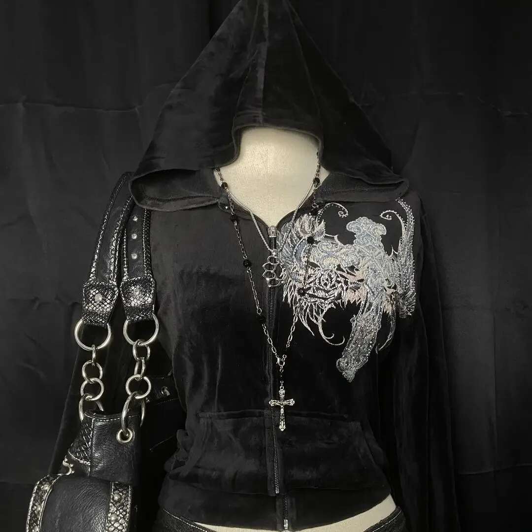 Vintage Women's Gothic Pattern Embroidered Zipper Y2K Street Rock Aesthetics Haruku Punk Hip Hop Fashion Hoodie