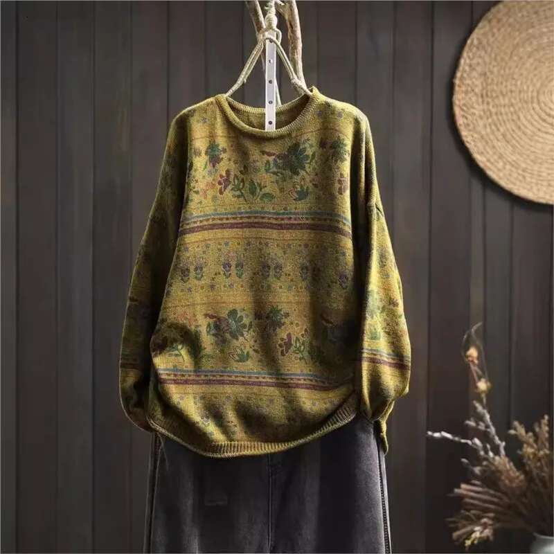2025 Woman Autumn New Niche Vintage O-Neck Casual Loose Retro Chinese Style Long Sleeves Print Sweater