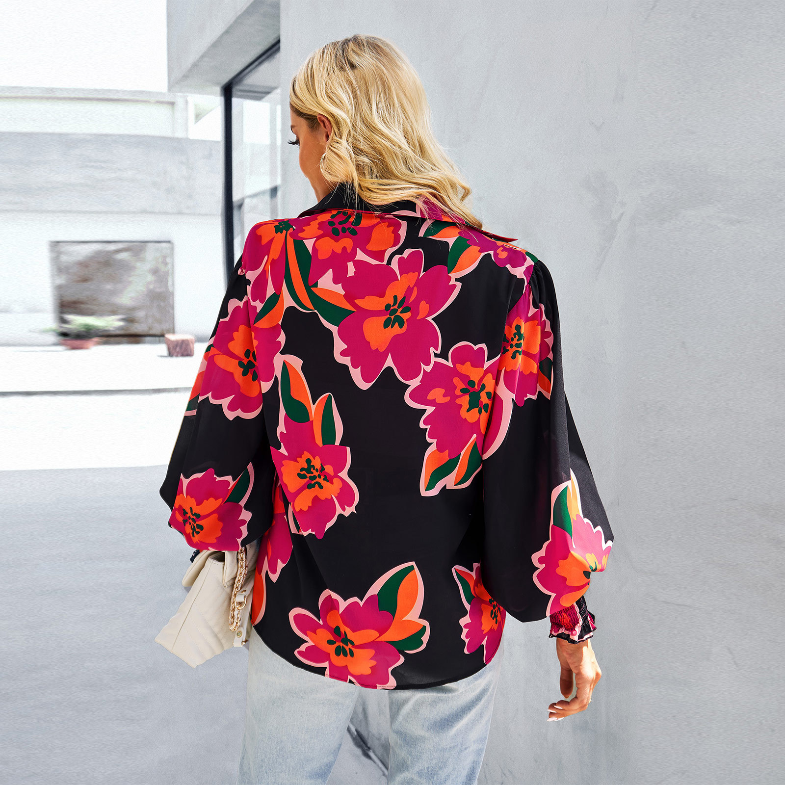 2024 Spring and Autumn Women's Contrast Printed Shirt Long Sleeve Loose Polo Collar Versatile Top