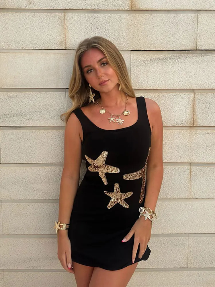 Stunning Shiny Stars Ruffles Hem Knitted Mini Dress Womens Chic Slim Fit Sleeveless Sling Dresses Lady Street Gowns 250214