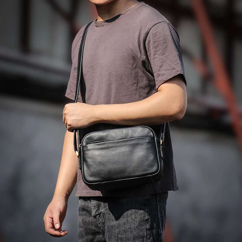 LUOKIR Men's Genuine Leather Crossbody Casual Shoulder Bag Simple First Layer Cowhide Small Bags For 8 Inch Ipad