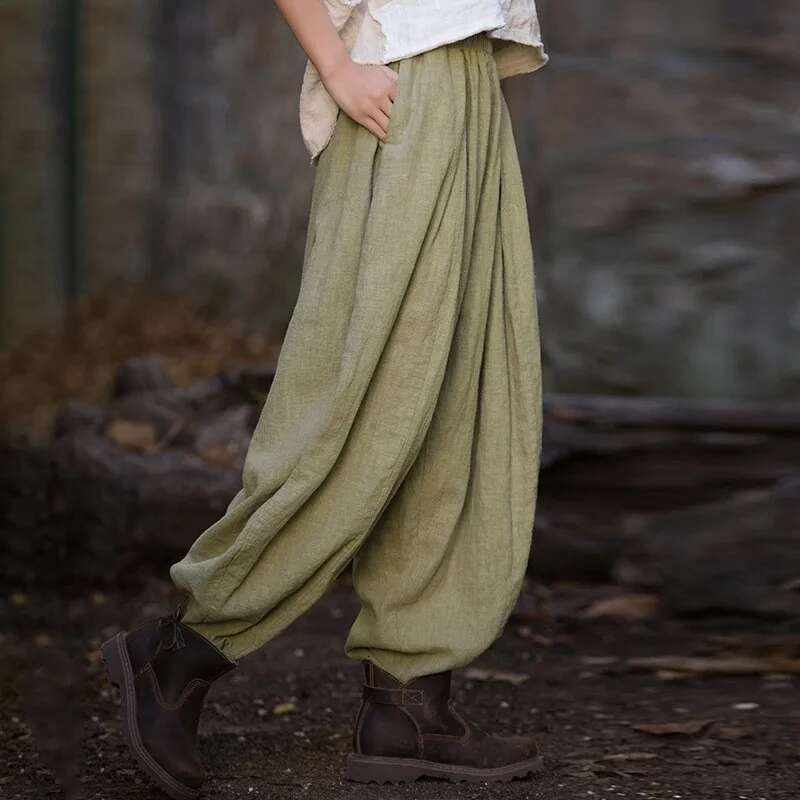 Women Chinese Style Bloomers Elastic Waist Autumn En Trouser 2024 New Solid Color Patchwork Pockets Pants