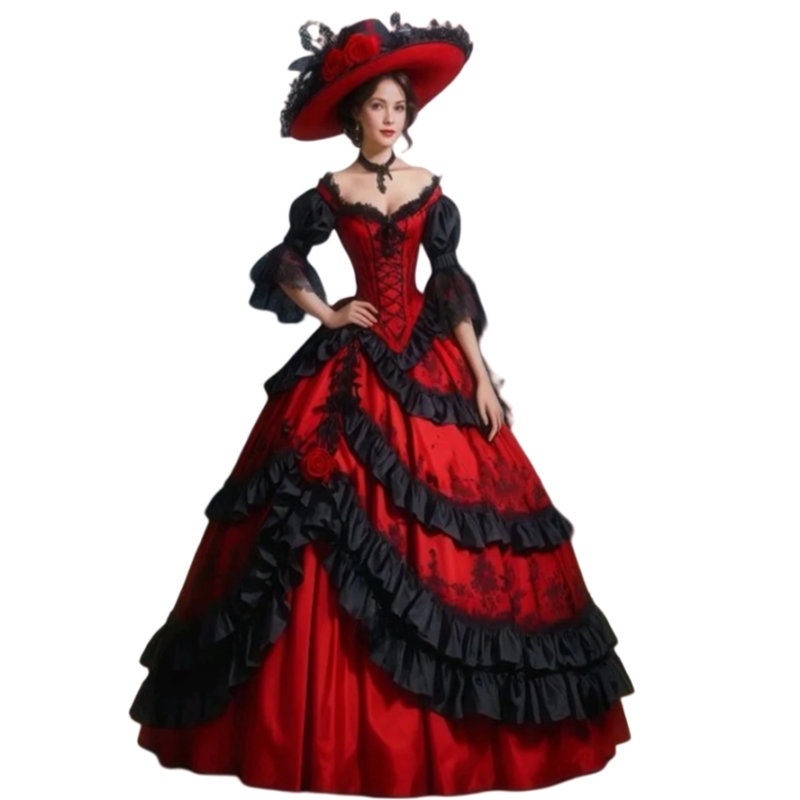 Vintage Red And Black Prom Dresses Floor Length Ball Gown Lace Appliques Ruffles Corset Princess Masquerade Dress Off Shoulder Half Sleeves Special oc