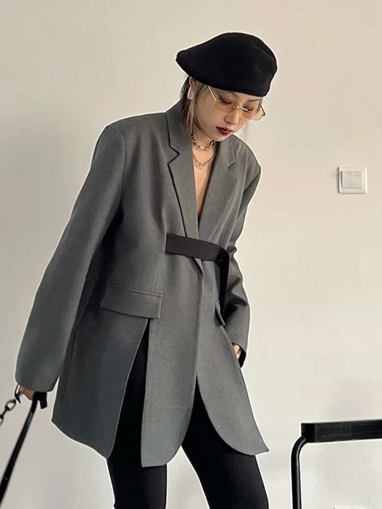 Black Belted Split Casual Blazer Women New Lapel Long Sleeve Loose Fit Jacket Fashion Tide Spring Autumn 2025 30A1768