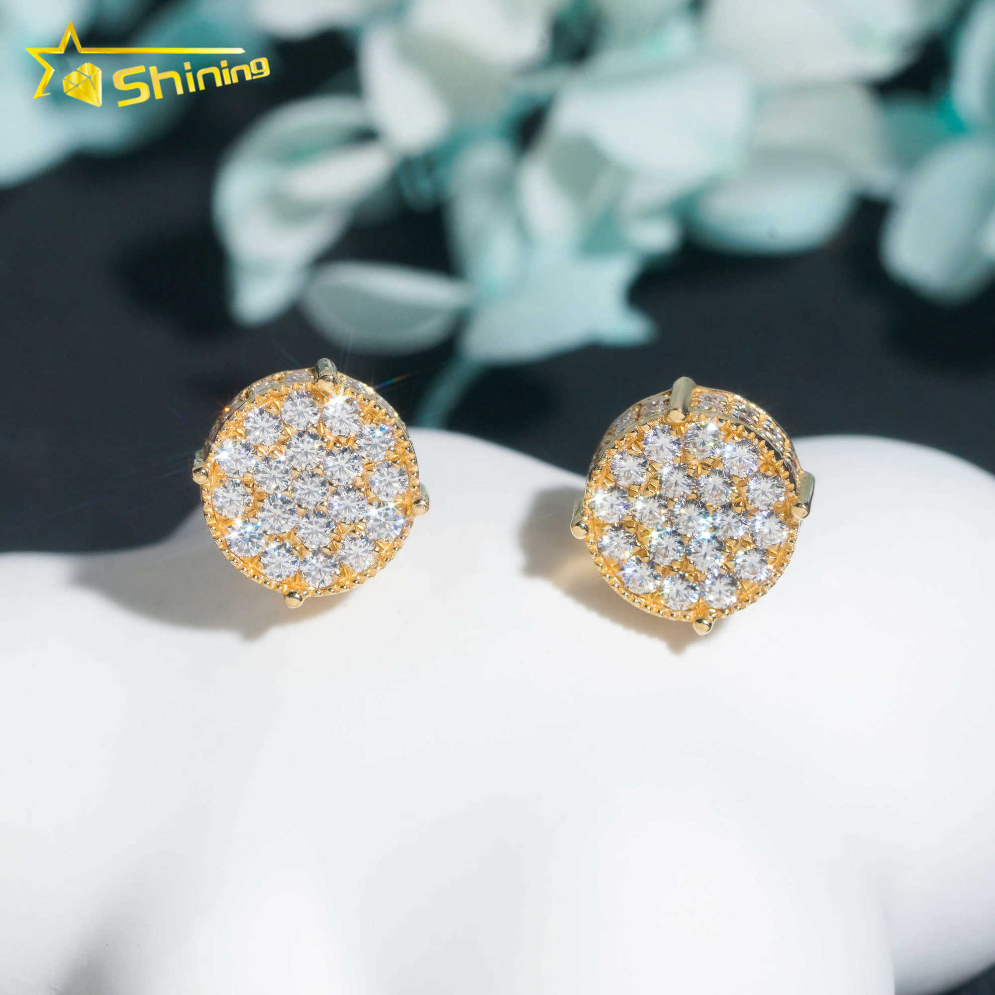 Luxury 10K Solid Gold Earrings 10mm Cluster Moissanite Diamond Ear Studs for Men and Women