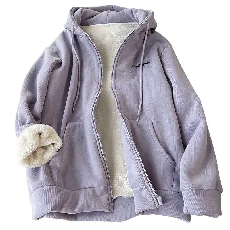 Cozy Fuzzy Hooded Jacket for Women Zip Up, Drawstring Long Sleeve, Solid Color Outerwear - Stylish, Versatile & Warm