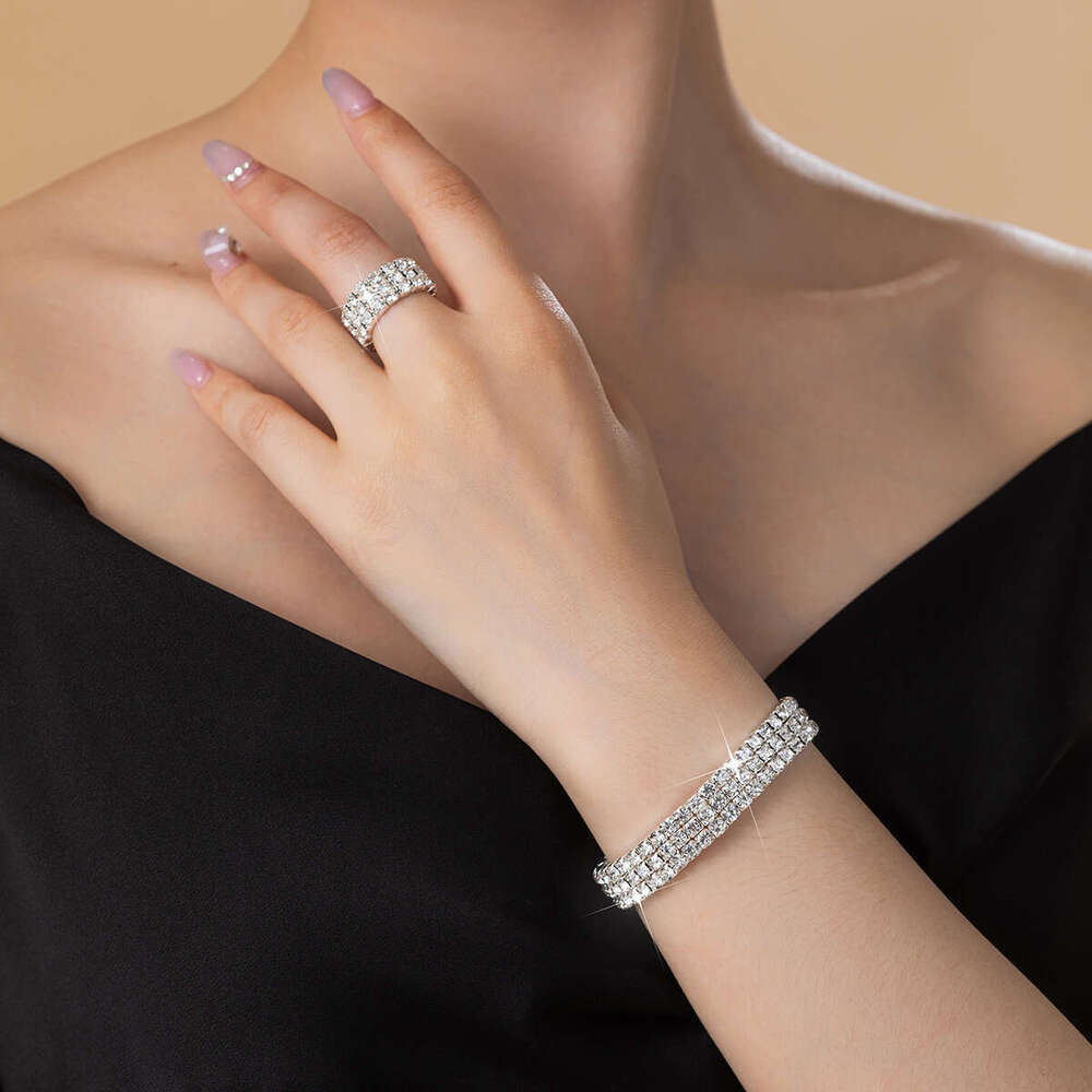 Hot sale Designer bracelet ring set Cross border European and American fashion elastic rhinestone bracelet elastic ring luxury jewelry Wedding designe