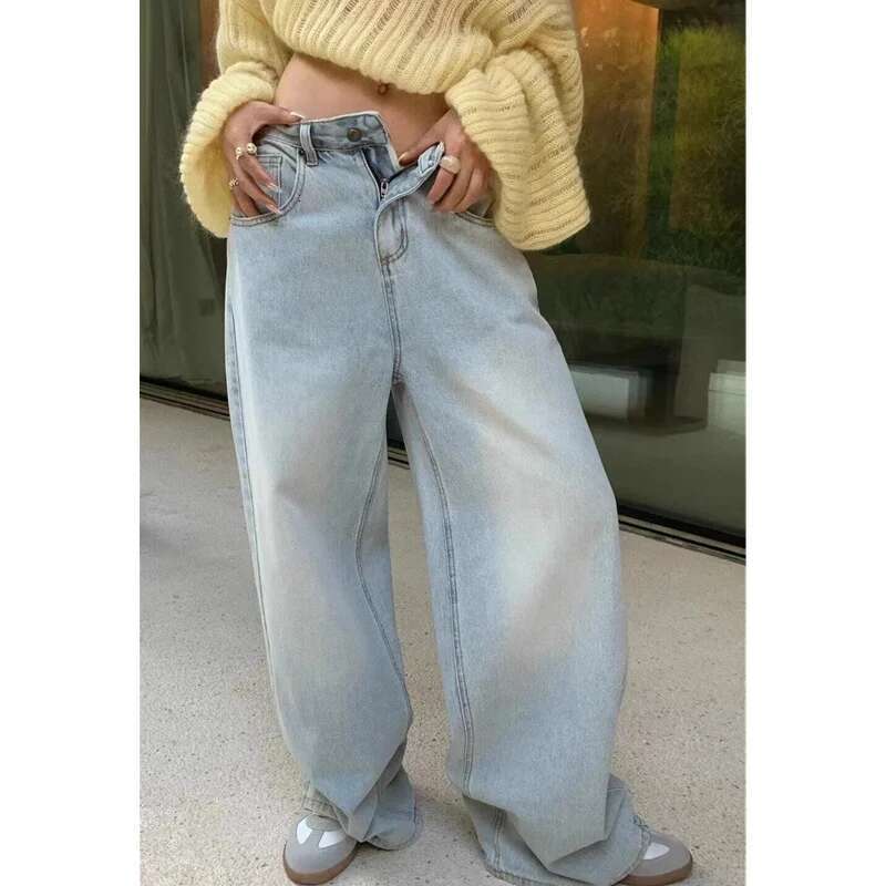 Blue Jeans Women High Waist American Plus Size Wide Leg Vintage Straight Baggy Casual Denim Trousers Mom Oversize Pants