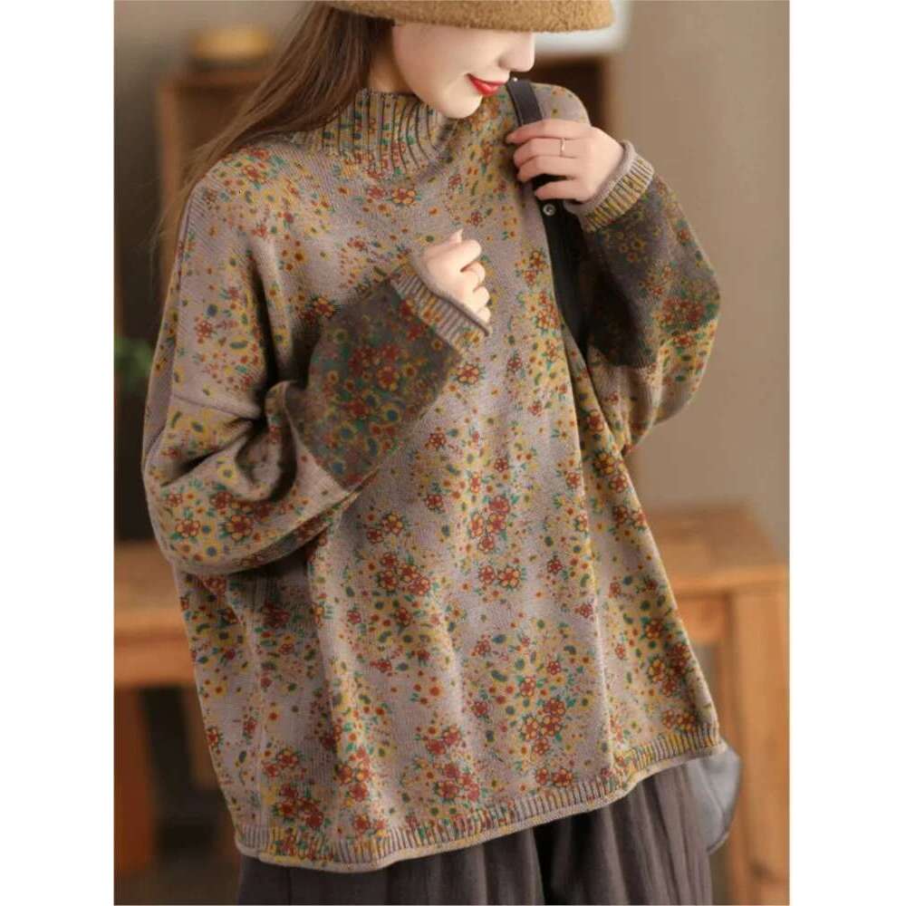 Pullover Mock Neck Long Sleeve Patchwork Print Ral 2024 Spring New Knitted Cotton Women Sweaters