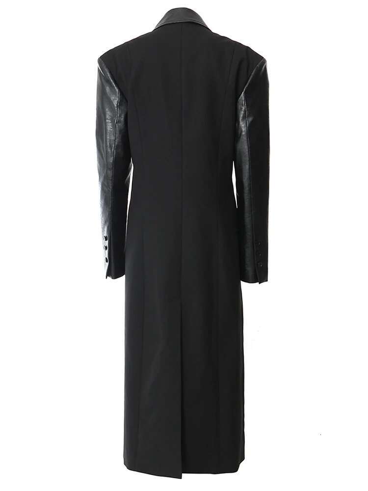 Black Pu Leather Spliced Elegant Blazer Women New Lapel Long Sleeve Jacket Fashion Tide Spring Autumn 2025 1Dh4168