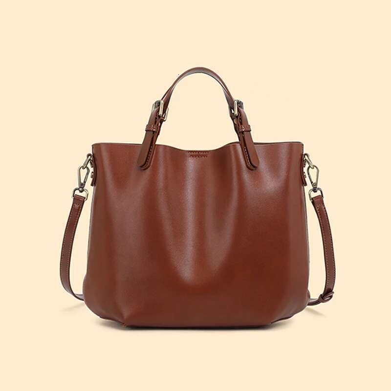 Hifashion Vintage Genuine Leather Bucket Tote Handbags For Women 2024 Trend Designer Simple Large Ladies Shoulder Crossbody Bags