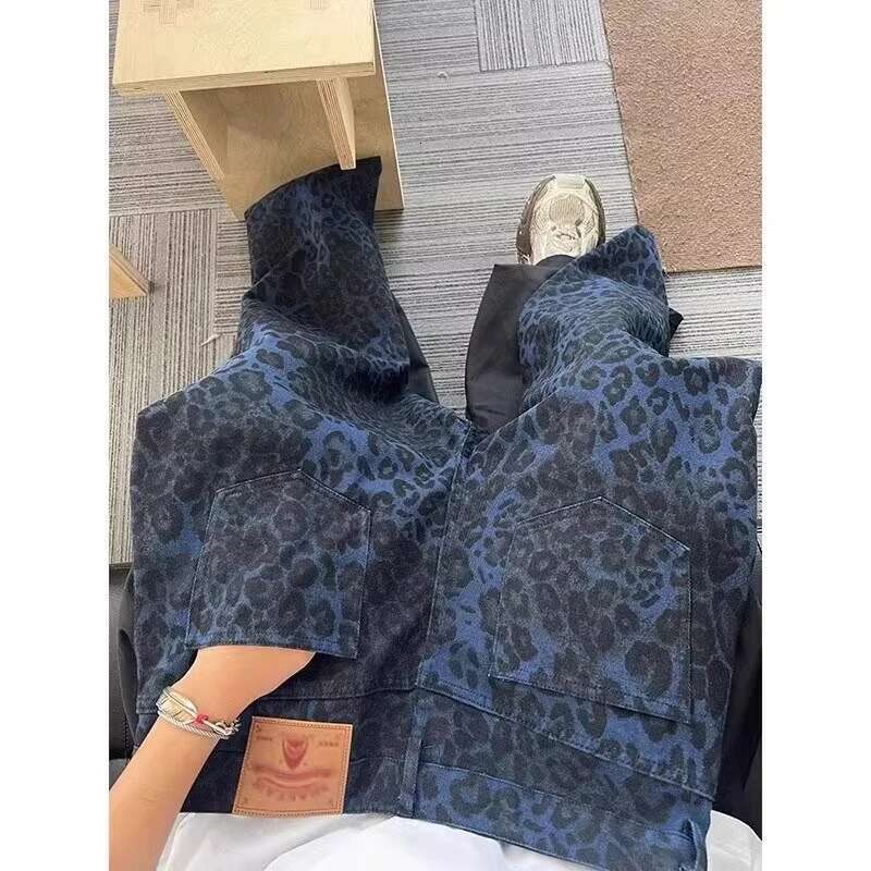 Summer Womens Jeans High Waist Baggy Casual Vintage Y2k Blue Leopard Print Straight Pants Street American Wide Leg Denim Trouser