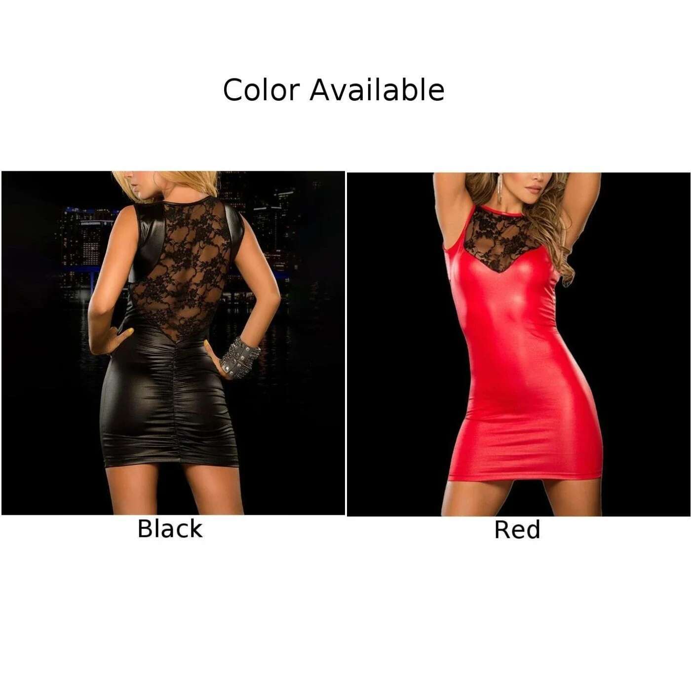 Sexy Womens Wet Look Short Pu Leather Lace Bodycon Mini Dress Tight Fitting Night Party Club Wear Sensual Temptation