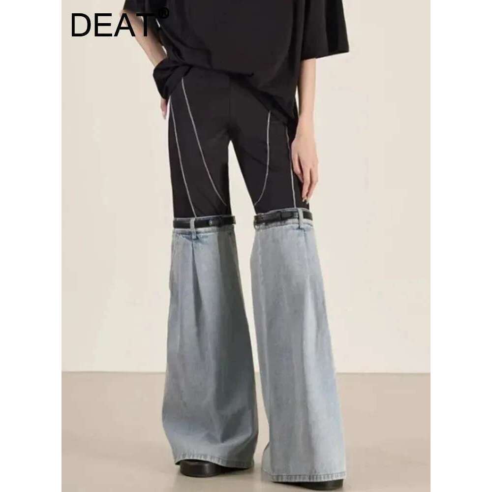 Fashion Contrast Color E Jeans Women's Removable Belt Elastic High Waist Slim Full-Length Denim Pants New