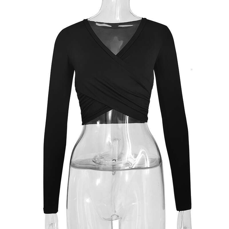 European American style Instagram Spring and Autumn women's sexy cross V-neck splicing slim fit long sleeved solid color base shirt for women 202