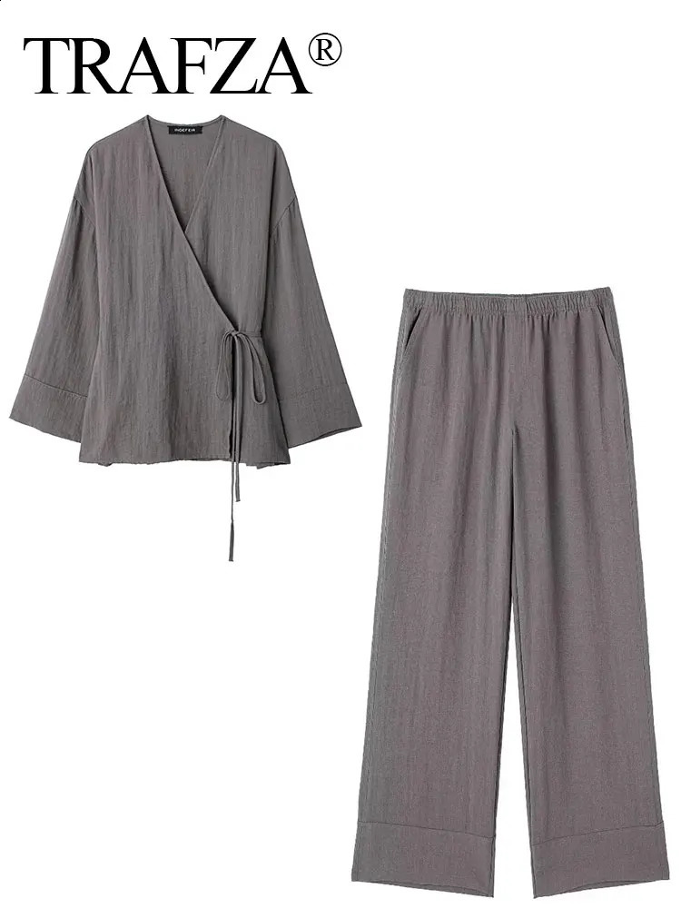 TRAFZA Women Vintage Solid Pajama Style Blouse Pants Sets V Neck Long Sleeve Lace Up Shirt Elastic Waist Trousers Loose Outfit 250213