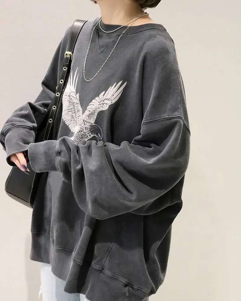 washed black eagle Printed Cotton Sweatshirt women Soft Fleece ing crew neck long sleeve sweatshirt female autumn winter