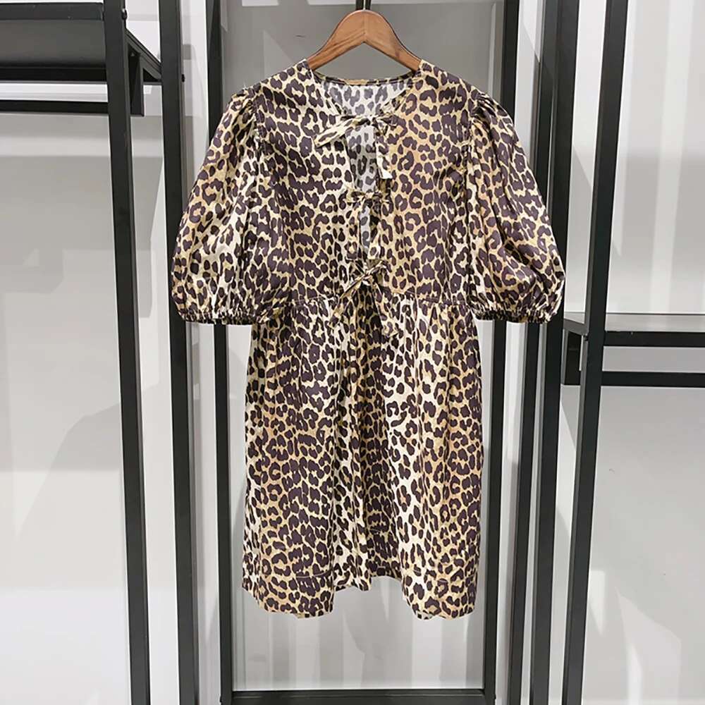 Cotton Women's Y2k Front Tie Leopard Print Fashion Temperament Commuter Bubble Sleeve Dress 2025 Early Fall New