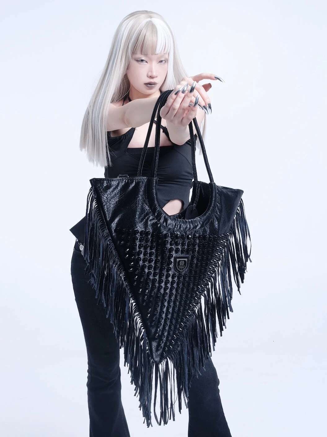 Eur And USA Street Fashion Punk Style Personality Rivet Tassel Design Big Size Triangle Shoulder Female Crossbody Bag