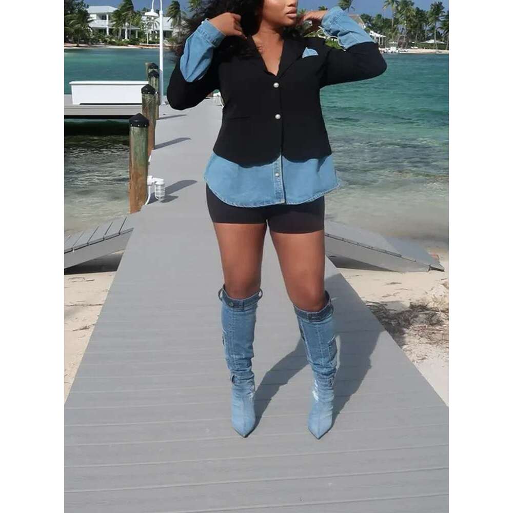 Casual Patchwork Denim Blazers For Women Notched Collar Long Sleeve Hit Color Fashion Design Blazer Female Clothing Style