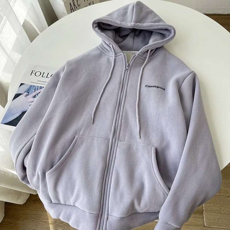 Cozy Fuzzy Hooded Jacket for Women Zip Up, Drawstring Long Sleeve, Solid Color Outerwear - Stylish, Versatile & Warm