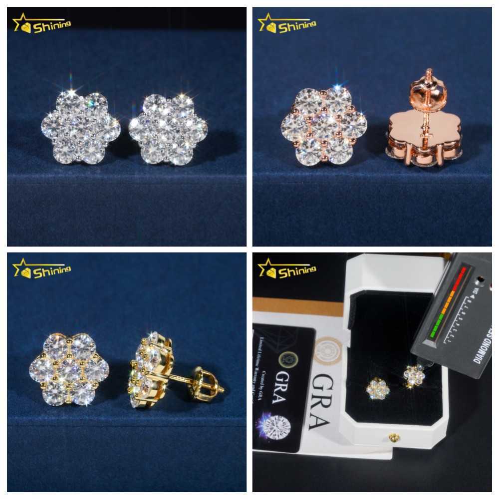Hot Sale Trendy Cluster Flower Screw Back Stud Earrings 925 Silver Gold Plated Moissanite Pass Diamond Test Stud Earring