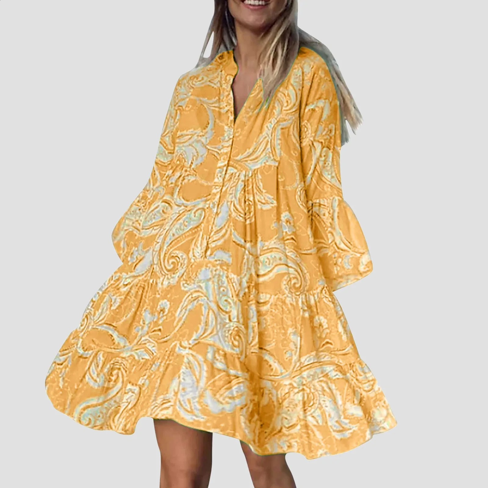 Fashion Summer Dresses Womens Summer Casual V Neck 3/4 Sleeve Boho Print Beach Dress Flowy Swing Vacation Womens Dresses 250213