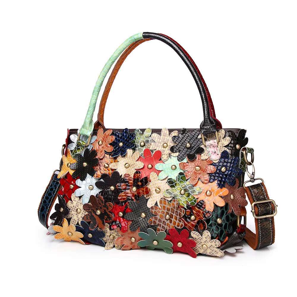 Genuine Leather Snakeskin Colorful Wers Contrast Rivet Fashion One-Shoulder Women's Handbag Tote Bag