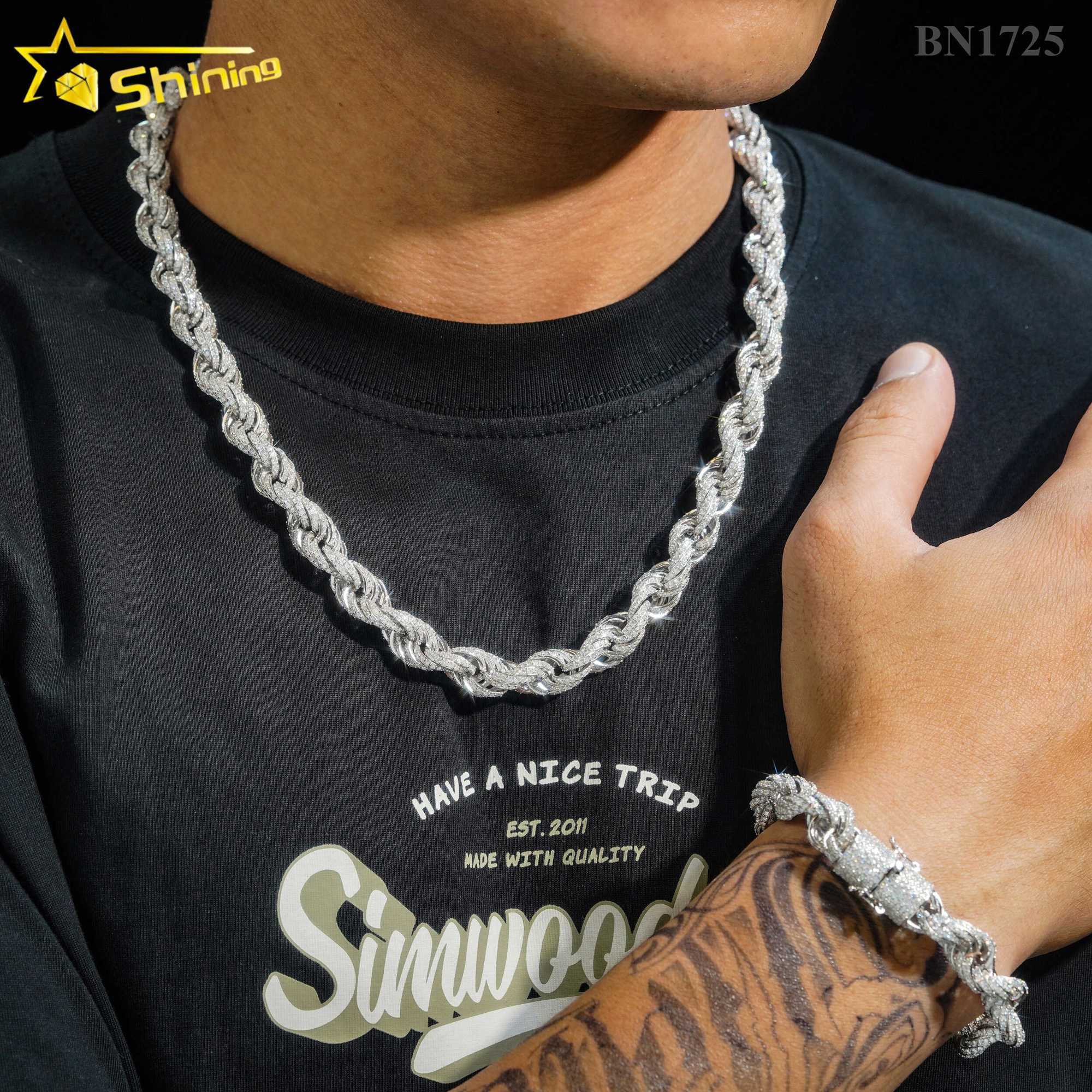 Fine Jewelry Hot Selling 10MM Diamond Cut 925 Silver Hip Hop Necklace Iced Out Moissanite Rope Chain