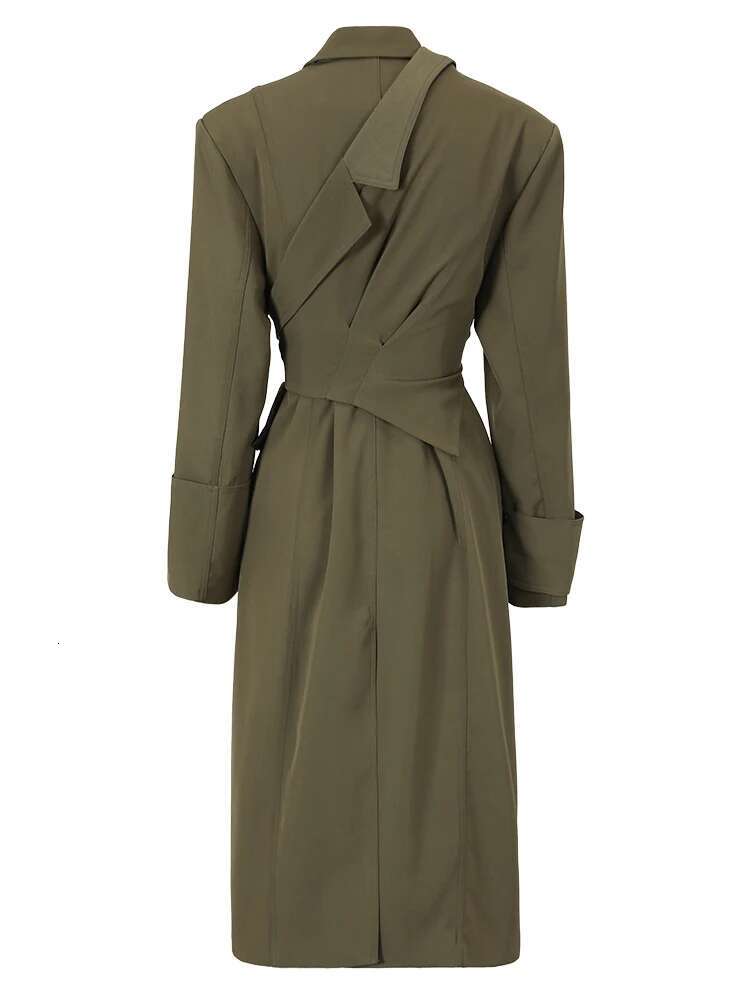 Dark Green Irregular Trench Women Big Size New Lapel Long Sleeve Loose Fit Windbreaker Fashion Spring Autumn 2025 1De27950
