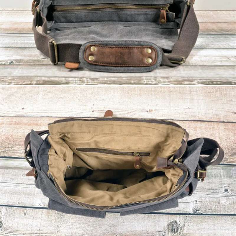 MUCHUAN Fashion Vintage Leather Canvas Men's Messenger Cotton Multi-Pocket Crossbody Bag Men Shoulder Casual Travel Handbag