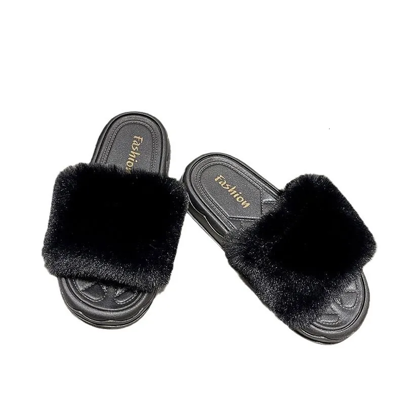 2024 Women's slippers for outdoor wear in autumn and winter, new shiny flat bottom one e slippers, internet famous fashionable fur shoes
