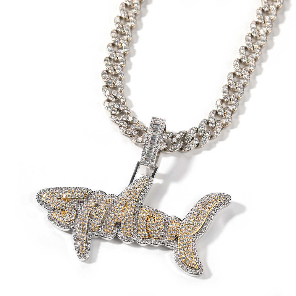 fashion personality two tone color micro insert iced out moissanite shark letter hip hop costume necklace pendants charms
