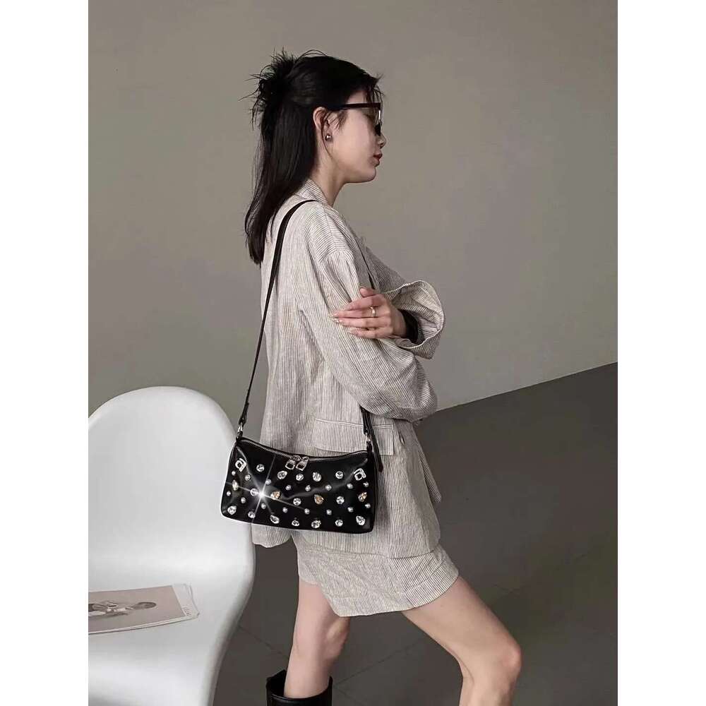 Pearl Beaded Textured Leather Pillow Fashion Women's Handbag Crystal Dias Shoulder Messenger Lady Purse Casual Bag