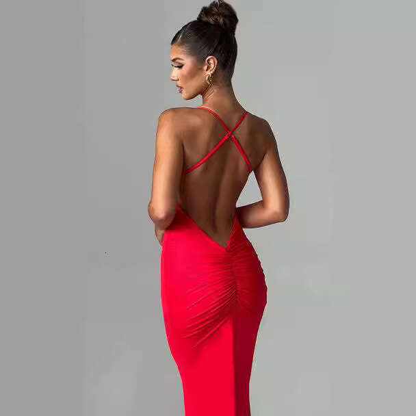 European American women's sexy evening long skirt backless cross shoulder strap pleated hip hing dress 2025 new style chic and elegant clothing