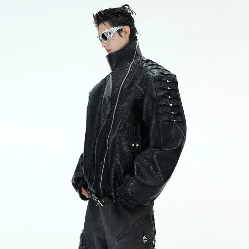 LUZHEN Asymmetric Slant Zipper Placket Wave Shoulder Stand Neck Leather Jacket Mens Original Street Coat LZ8424 250214