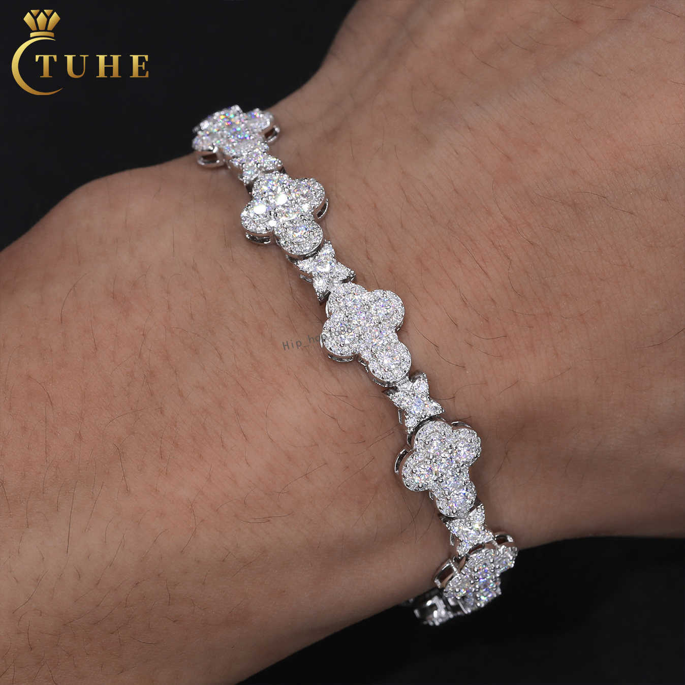 Versatile Mens Bracelet Fashion White Gold 10mm 925 Sterling Silver VVS Moissanite Diamond Iced Out Star Cross Link Bracelet