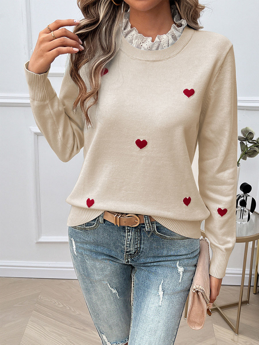 2025 autumn and winter women's casual round neck embroidered heart long sleeved sweater top