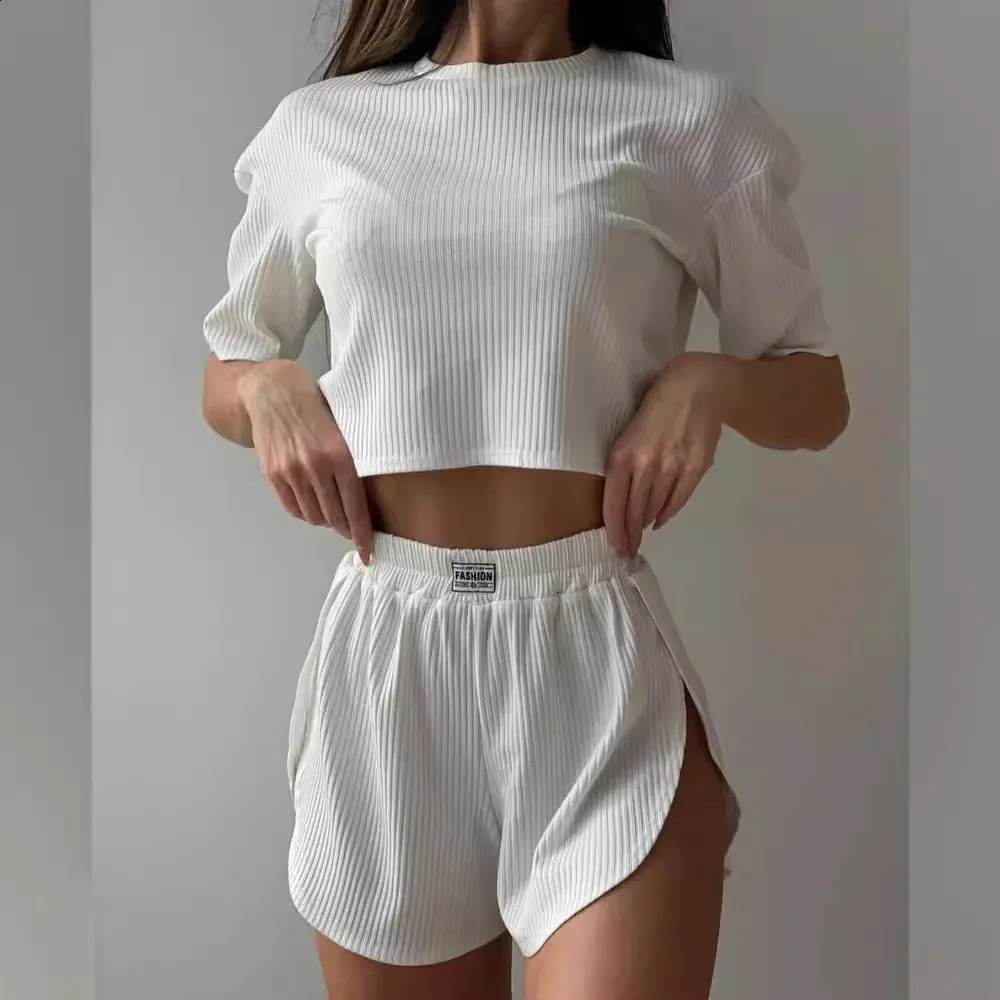 Linen Knitted Pajamas For Women 2 Piece Sets Loose Short Sleeve O Neck Crop Top Casual Female Suits With Shorts Summer Sleepwear 250213
