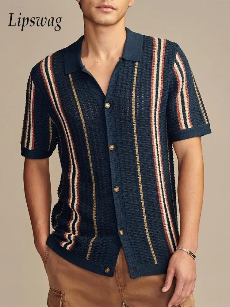 Retro striped texture knitted shirt mens fashionable lapel button short sleeved knitted top mens casual slim fit shirt 250213