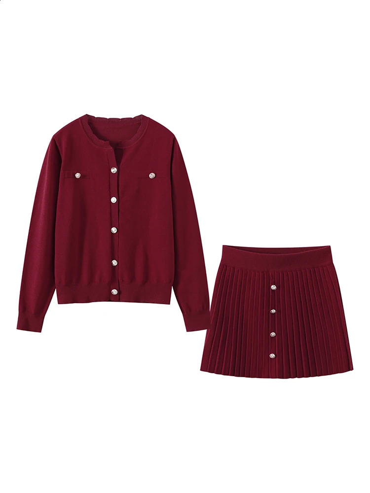Elegant Button Coat Mini Skirt Women Set Slim Burgundy Red O-neck Single Breasted Top Skirts Sets Spring Lady Outfits 250210