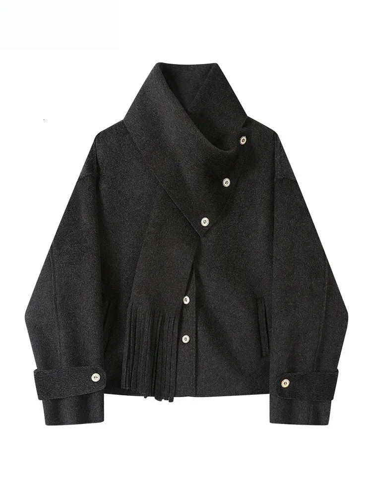 Black Gray Big Size Casual Woolen Coat New Scarf V-Neck Long Sleeve Women Jacket Fashion Tide Autumn Winter 2025 30A2749