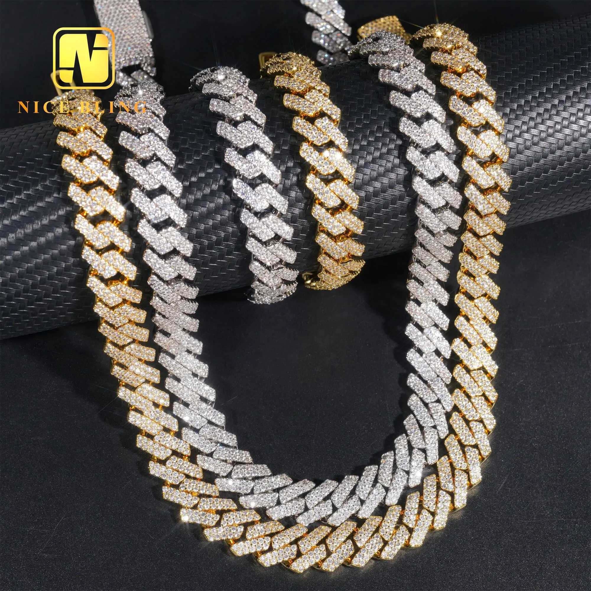 13mm Iced Out Cuban Link Chains 2 Rows Prong Setting Wholesale Brass Cuban Necklaces Hip Hop Rappers Cubic Zirconia Necklace