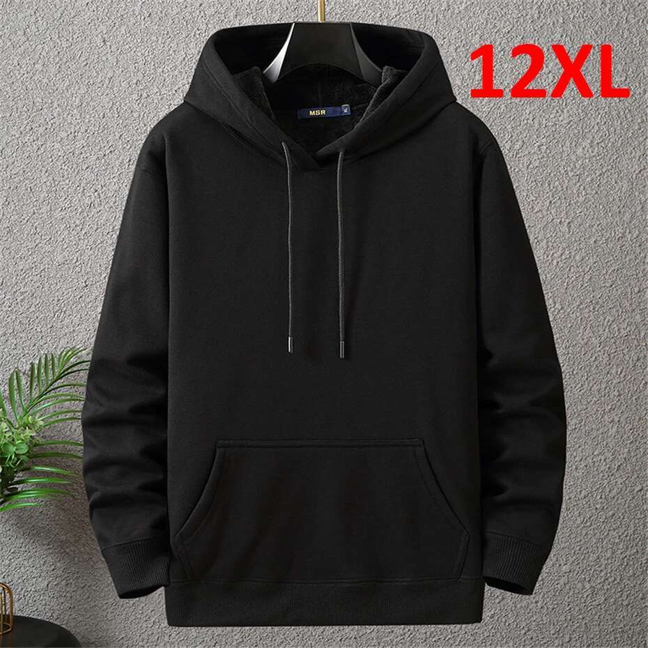 Solid Color Men 10XL Plus Hoodies Autumn Winter Thick Fleece Hoodie Male Big Size 12XL Hooded Pullover Black